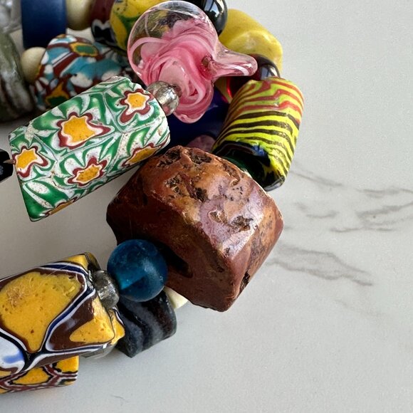 Venetian Millefiori Beads, African Trade Beads, Gemstone Memory Wire Bracelet - Picture 2 of 12